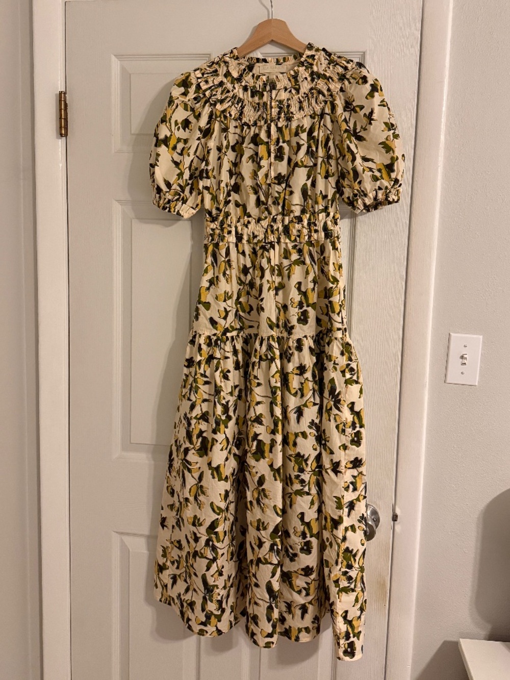 Ulla Johnson Cream Floral Midi Dress with Olive and Black Print